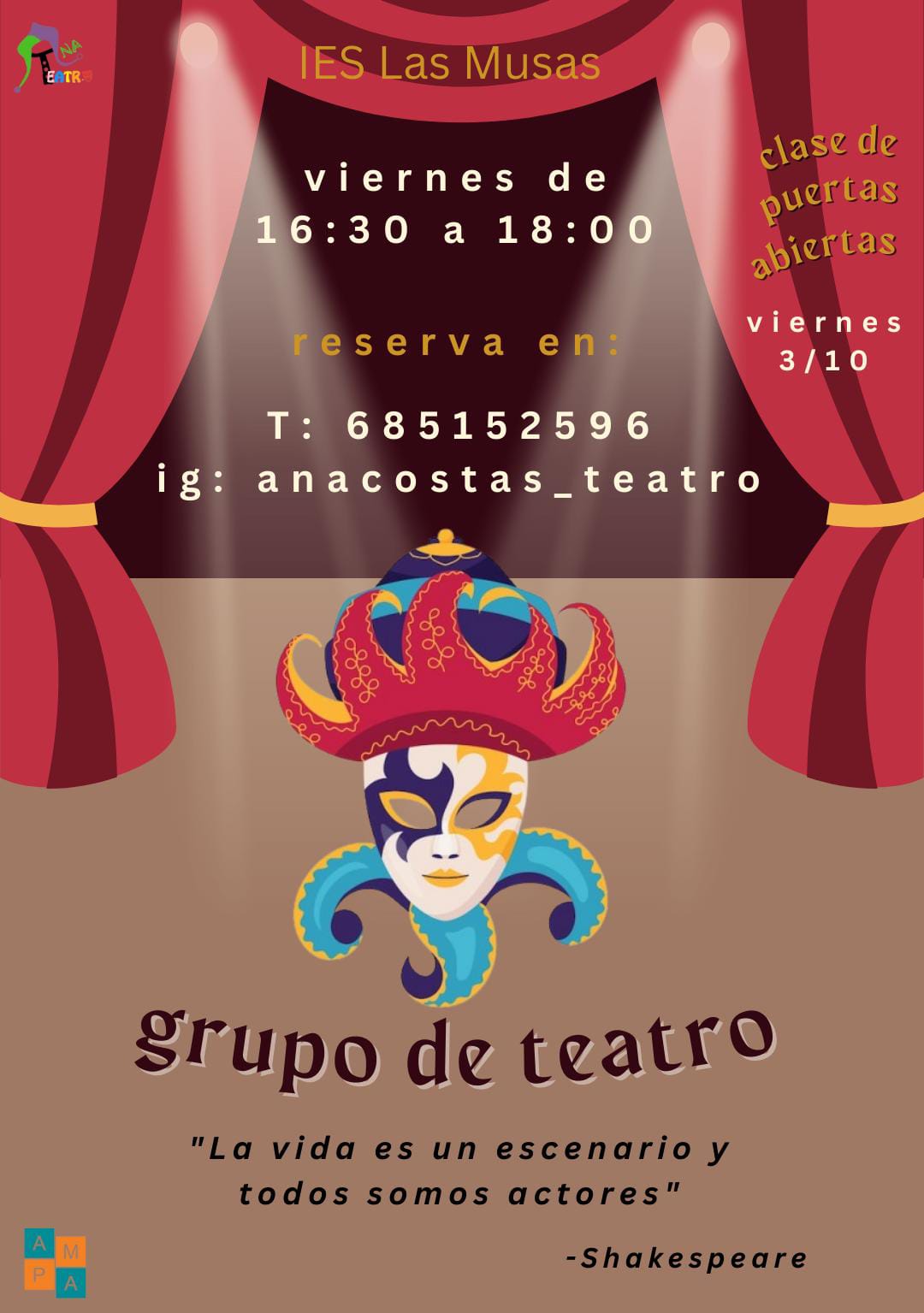¡CLASE DE TEATRO ABIERTA A TODOS/AS!