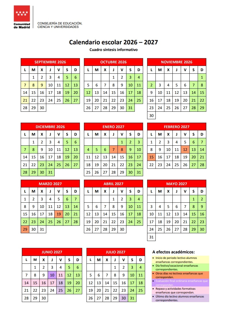 CALENDARIO ESCOLAR CURSO 26/27